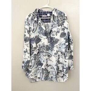 Tizzie Button Up Shirt Womens Size M Linen Blend Paisley Coastal Tunic Boho Top